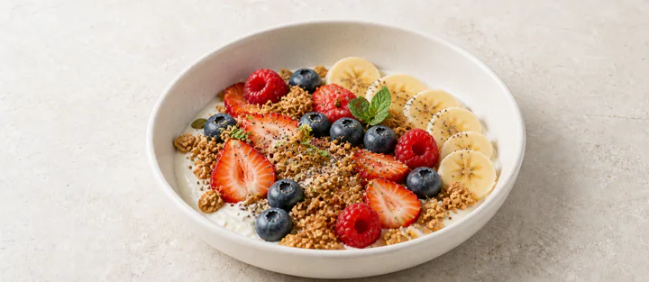 Granola bowl with berries and banana